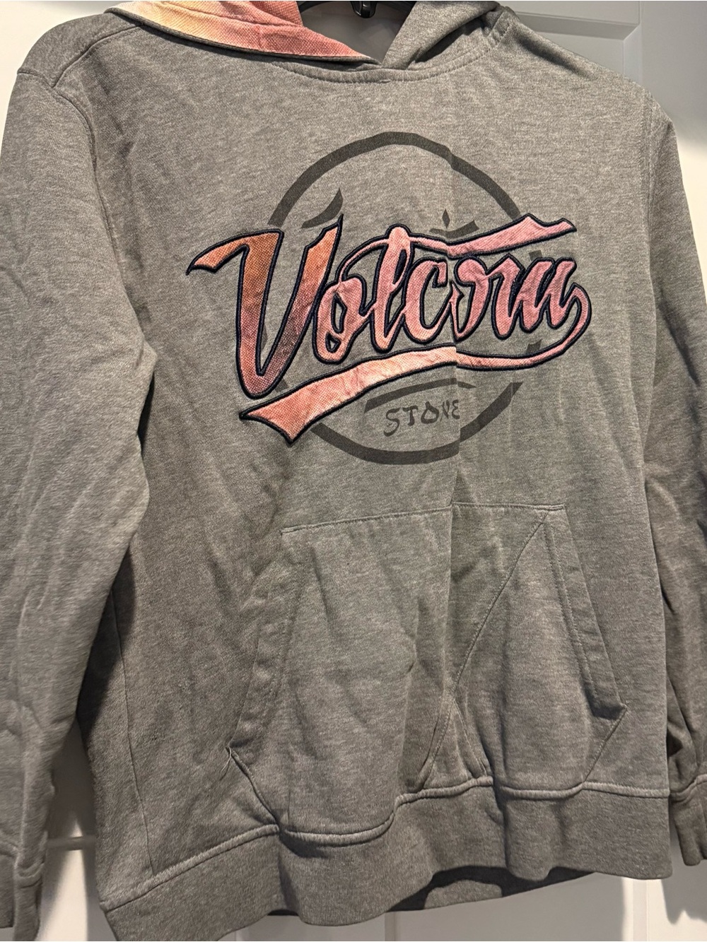 Volcom Gray Pullover Hoodie with Pink Script Logo